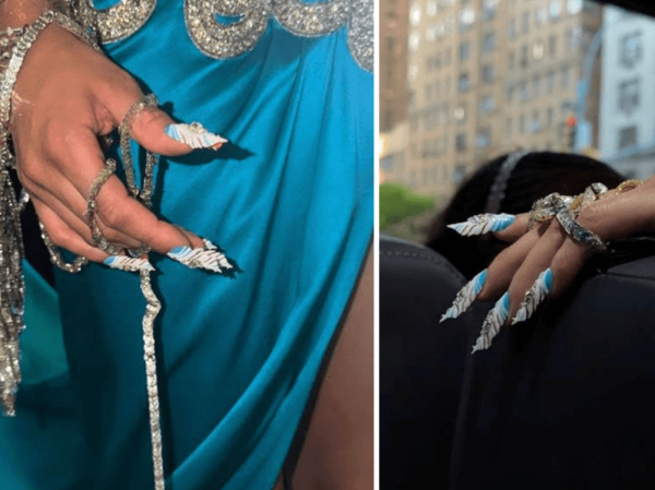 Two sidebyside images of Tyla's extralong manicure from the 2026 Met Gala.